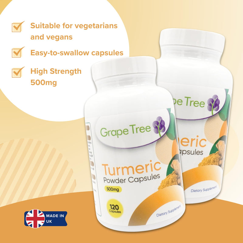 Grape Tree Turmeric Powder Supplement 500mg 120 Capsules. 4 Month Supply. Pure Turmeric Supports Joint Comfort, Flexibility, Mobility & Digestion