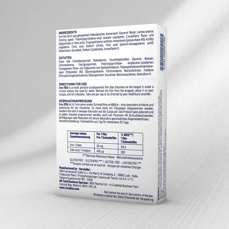 Iron IBSA | 20 Orodispersible Films | Food Supplement Based on Iron and Folic Acid, which contribute to The Normal Function of The Immune System and Help Reduce Tiredness.