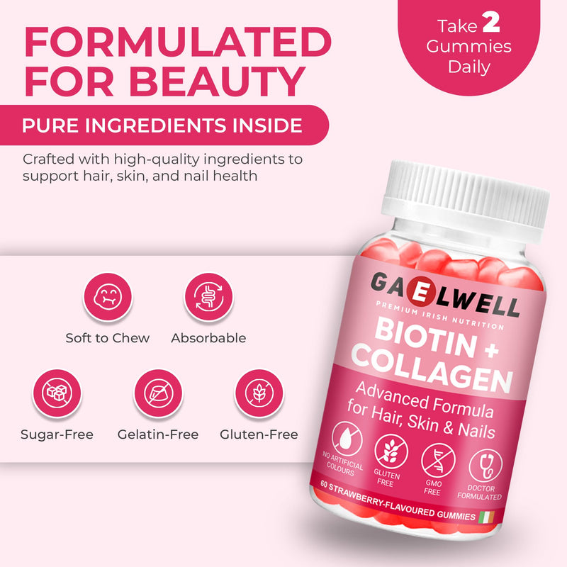 Biotin + Collagen Gummies - High Strength 5000mcg Biotin, Marine Collagen, Vitamin C, Zinc - Hair Growth, Skin & Nail Support - Gluten-Free, Vegan-Friendly, Non-GMO, 60 Strawberry Gummies Gaelwell®