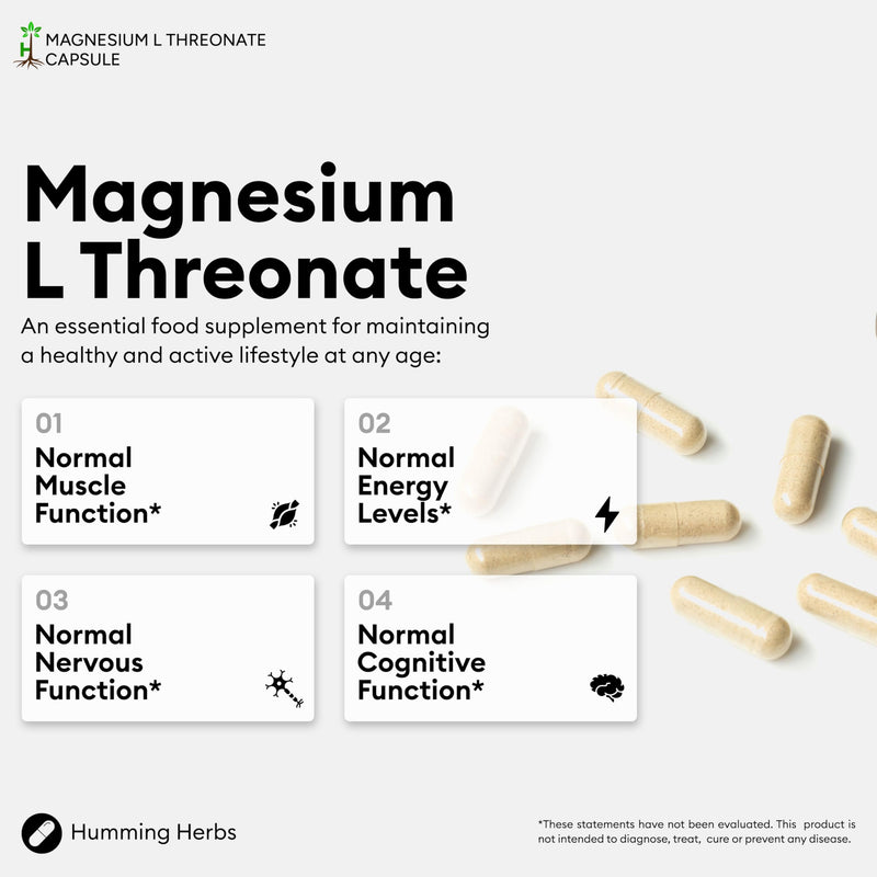 Humming Herbs Magnesium L-Threonate Supplement 1500mg per Serving | Provides 120mg Elemental Magnesium (30% NRV) | 120 Vegan Capsules | 40 Day Supply