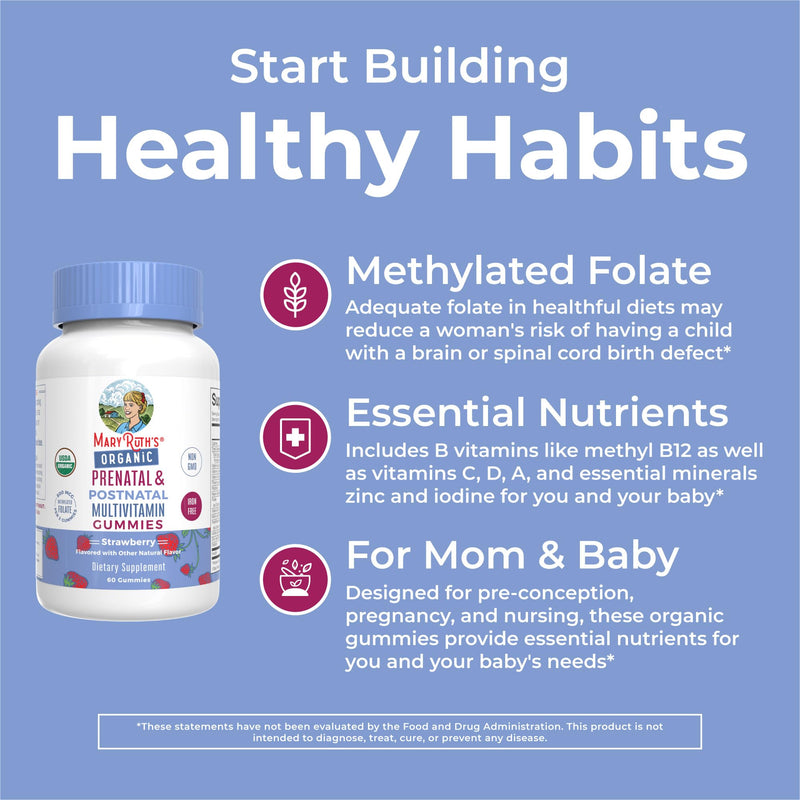 MARYRUTH'S Organics Prenatal Postnatal Multivitamin Gummies (Strawberry) & Women's (Cherry & Raspberry) | USDA Organic | Vitamins for Breastfeeding, Beauty, & Immunity | Vegan, No Gelatin