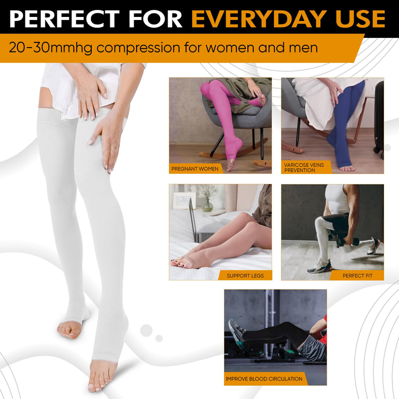 [Australia] - Doc Miller Thigh High Open Toe Compression Hose 20-30 mmHg Opaque Stockings Small White 
