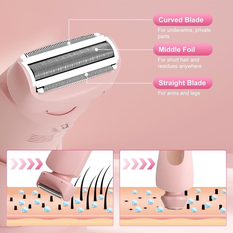 Luxsego 2 in 1 Electric Bikini Trimmer for Women, IPX7 Waterproof Wet & Dry Use Electric Razors for Women Pubic Hair, Painless Bikini Shaver with LED Light & Display, Dual USB Charge Dock, Pink
