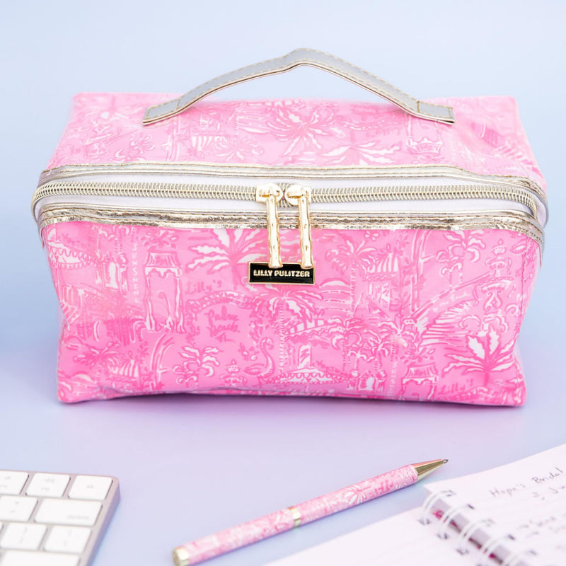 Lilly Pulitzer Carryall Cosmetic Case, Palm Beach Playground | Vinyl Zipper Toiletry Case with Top Handle, Wide Opening, and Interior Organization Pockets