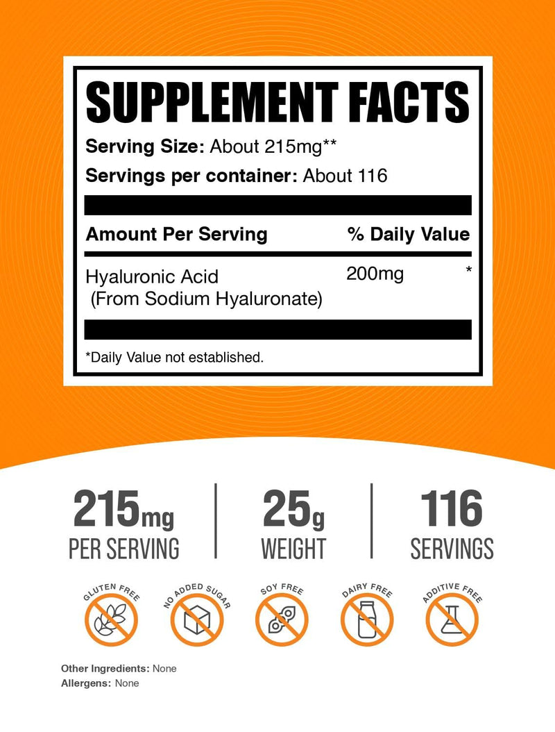 BulkSupplements.com Hyaluronic Acid Powder - as Sodium Hyaluronate, Hyaluronic Acid Supplements - Food Grade, Gluten Free - 215mg per Serving, 25g (0.88 oz) (Pack of 1) 0.88 Ounce (Pack of 1)