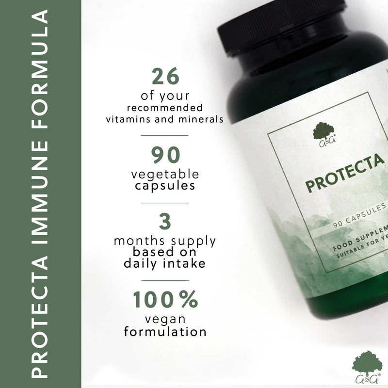 Protecta Immune Formula Supplement - 90 Vegan Capsules - Supports the Normal Function of the Immune System - Vitamin A, B, C, D - Mineral Complex - Non-GMO, Made in the UK - G&G Vitamins