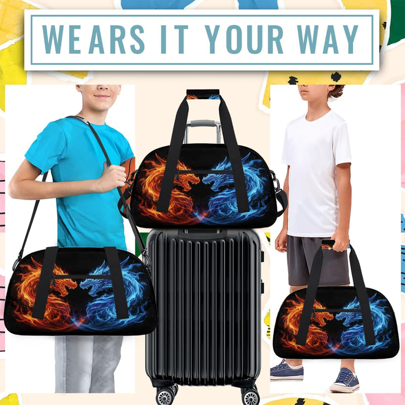 Gym Travel Duffle Bag for Boys - Ice Fire Dragon Kids Overnighter Weekend Bag with Front Zipper Pocket for School Practice, Teens Carry-On Size Sleepover Bags