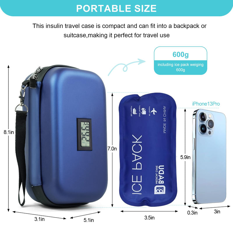 [Australia] - 24h Insulin Cooler Travel Case TSA Approved Medication Diabetic Cooler For Travel With Thermometer Temperature Display Refrigerated Medicine Organizer Bag With 2 Ice Pack Blue 