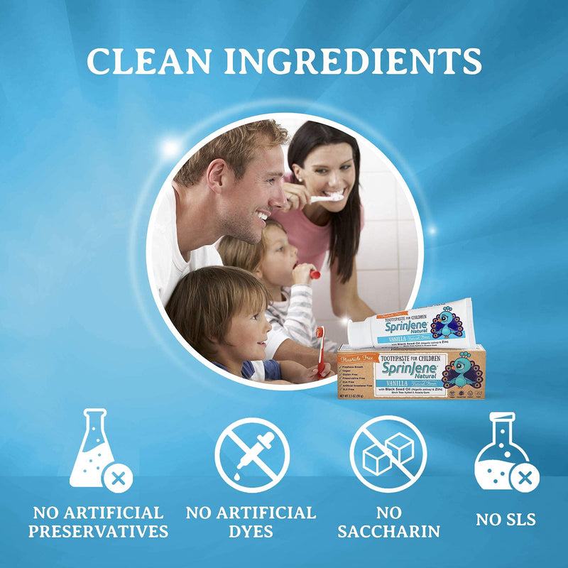 [Australia] - SprinJene Natural Children’s Toothpaste – Fluoride Free Vanilla Toothpaste for Toddlers & Kids – Gentle Safe Natural Formula with Patented Black Seed Oil & Zinc – Made in The USA (4 Pack) Pack of 4 