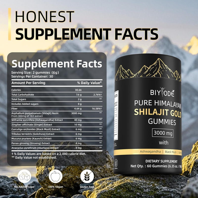 [Australia] - Shilajit Gummies: Pure Shilajit Himalayan Rich in Ashwagandha Gaulshura Fulvic Acid 85 Micronutrients Suitable for Men and Women No Added Sugar 1 Count (Pack of 60) 