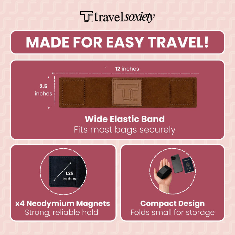 Trolley Strap, TSA Approved, Travel Accessory, Dark Brown | Magnetic, Over Suitcase Handle, Attaching Carry-On Bag, Add-a-Bag Sleeve for Tote, Backpack & Purse, Hands-Free, Neodymium