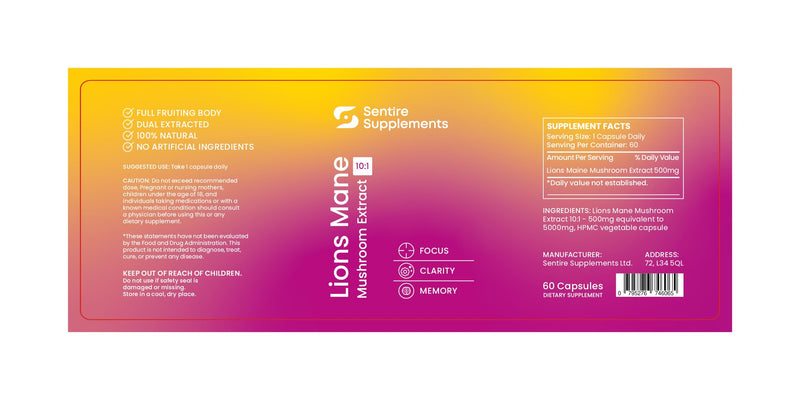Sentire Lions Mane Mushroom Capsules - 1500mg High Strength 10:1 Extract - Full Fruiting Body - Focus, Memory & Clarity - 60 Capsules - 100% Natural, No Artificial Ingredients