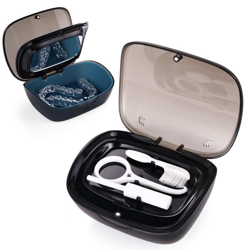 Double Layer Aligner Case Retainer Case With Mirror, Retainer Holder With Remover Tool And Cleaning Brush With Vent Holes Compatible With Aligner Case, Retainer Case,Orthodontic Supplies Case BLACK
