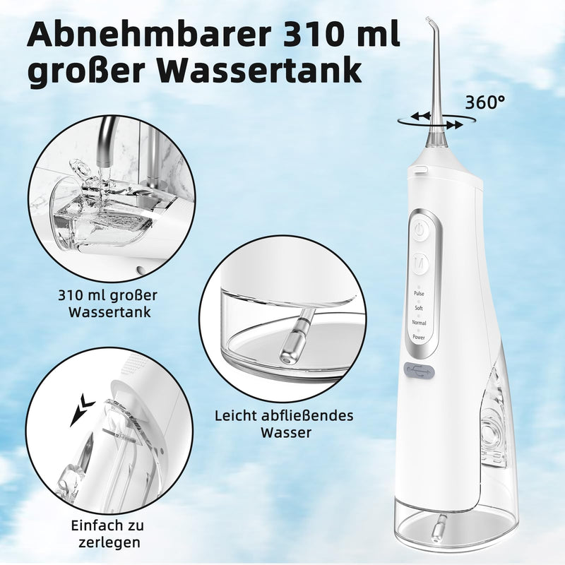[Australia] - Powerful Oral Irrigator Electric Tooth Cleaner 4 Modes & 4 Nozzles Wireless Oral Irrigator IPX7 Waterproof Water Flosser 310ML Removable Water Tank for Ten Home and Travel Use (White) White 