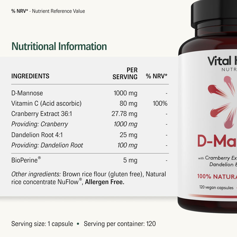 UTI/Bladder Supplement - D-Mannose + Cranberry Extract + Dandelion Root + Vitamin C - UK Made
