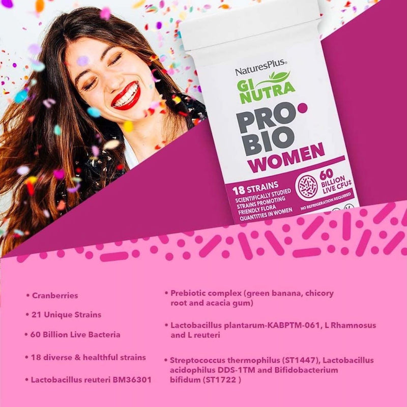 NaturesPlus GI Nutra Pro Bio Women - 18 Science Backed Strains for Women Flora with Cranberries and Prebiotics - One a Day, Vegan, Gluten Free - 30 Capsules