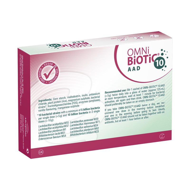 OMNi BiOTiC 10 AAD | Probiotic for Antibiotics | Use During and After Any Course of Antibiotics | 10 Sachets (50 g) | Powder | with Inulin | Vegan | Gluten-Free | Lactose-Free Vanilla
