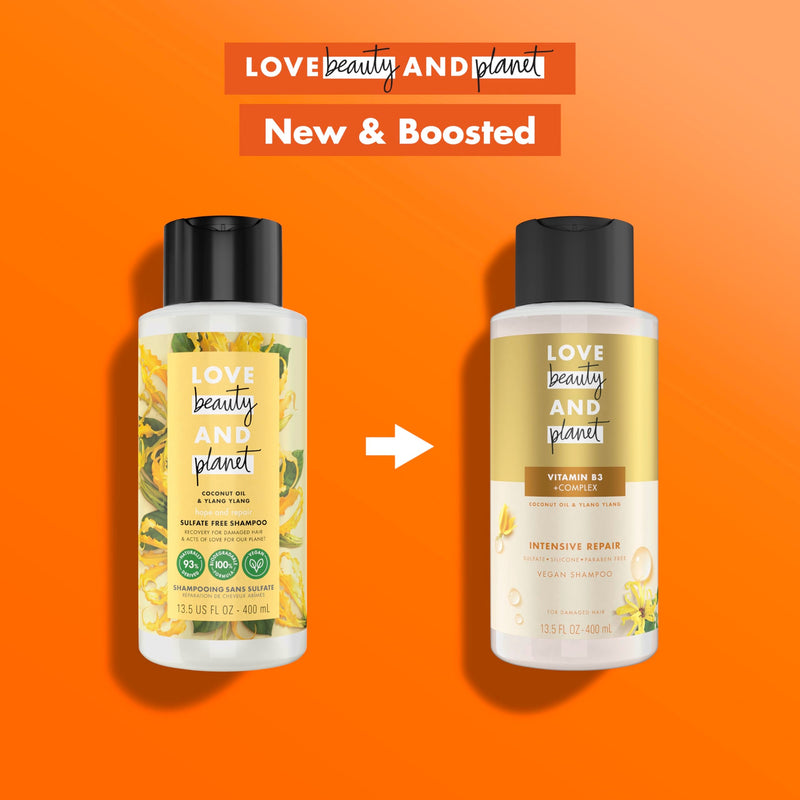 Love Beauty and Planet Shampoo with Vitamin B3 Coconut Oil & Ylang Ylang for Intensive Repair for Damaged Hair Sulfate, Silicone, & Paraben Free. Cruelty-Free. 13.5 oz