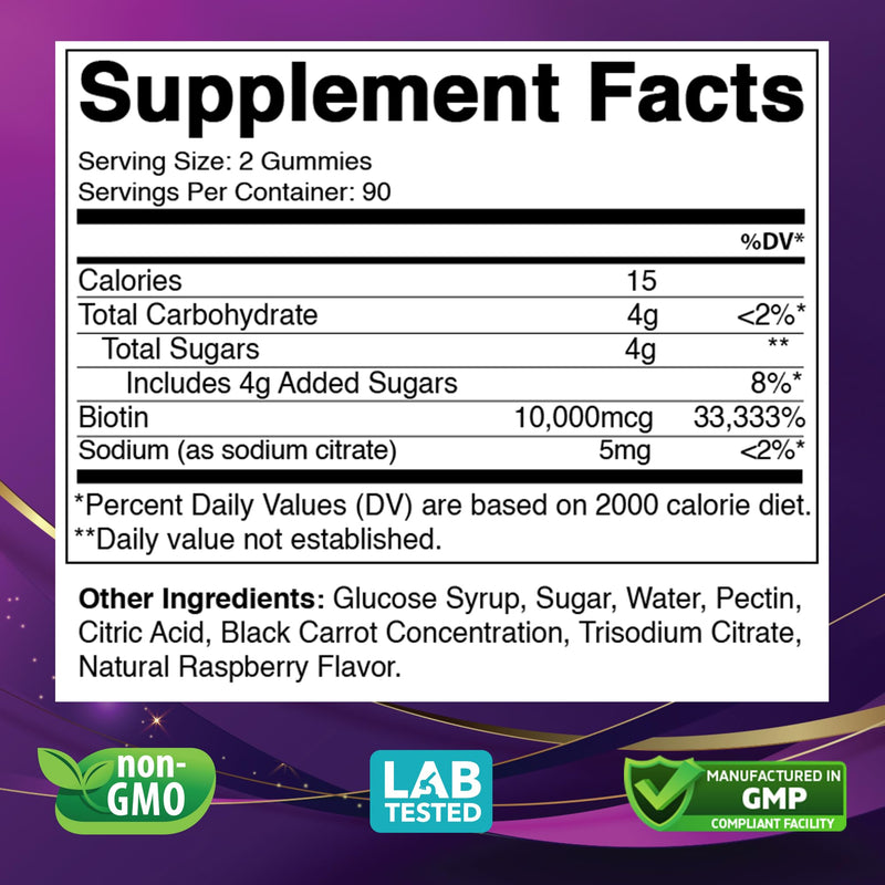 Vitabod Biotin Gummies 10,000 mcg – 180 Vegan Gummies Hair, Skin & Nails Support for Women, Men & Kids – Non-GMO, Gluten-Free, Delicious Flavor