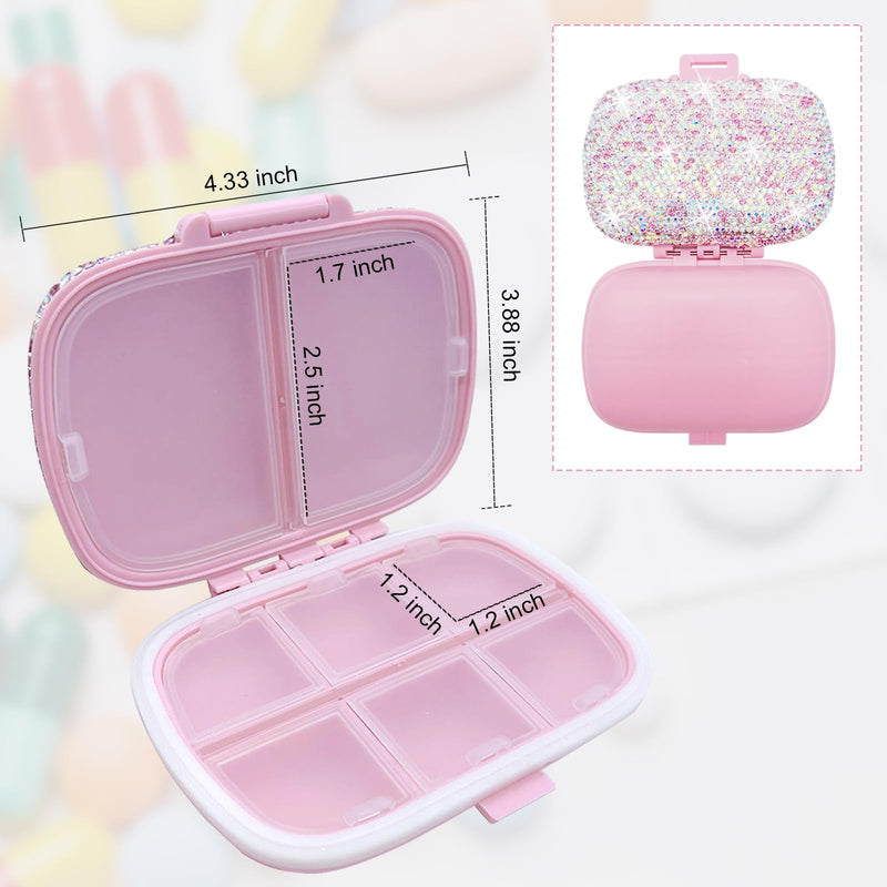 Bling Pill Case for Purse Medicine Vitamin Container Holder with Stickers | Pocket Pill Case Round Medicine Organizer for Vitamin/Fish Oils/Supplement Travel Medicine Kit 8 Compartment Pink