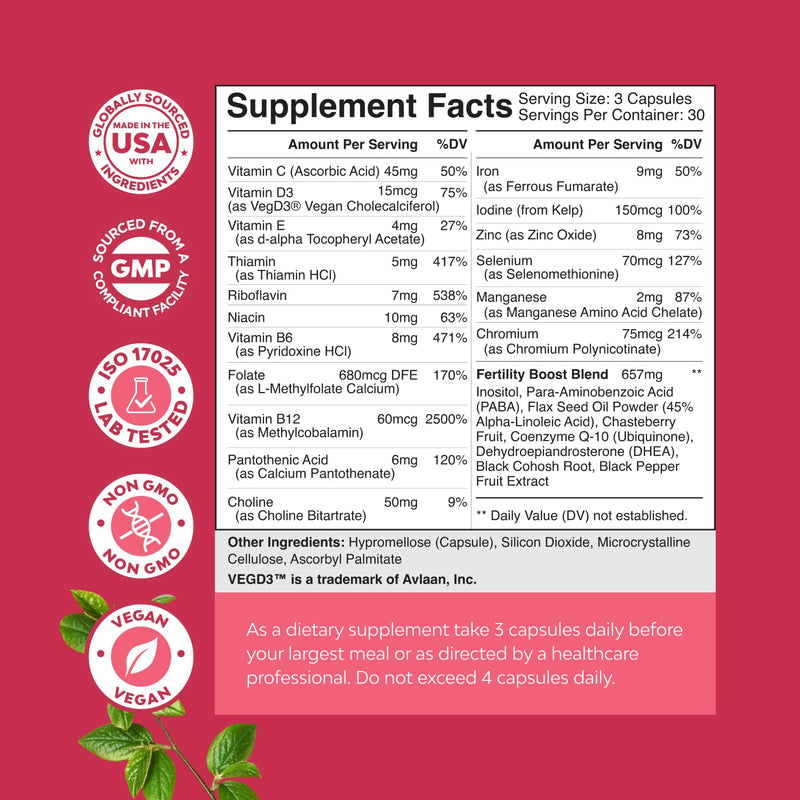 Fertility Supplements for Women with Inositol & Folic Acid - Preconception Vitamins for Women for Hormone Balance with L-methylfolate, B12, Vitamin D3, Iodine, Selenium, zinc and CoQ10 - 90 Count 90 Count Female (Pack of 1)
