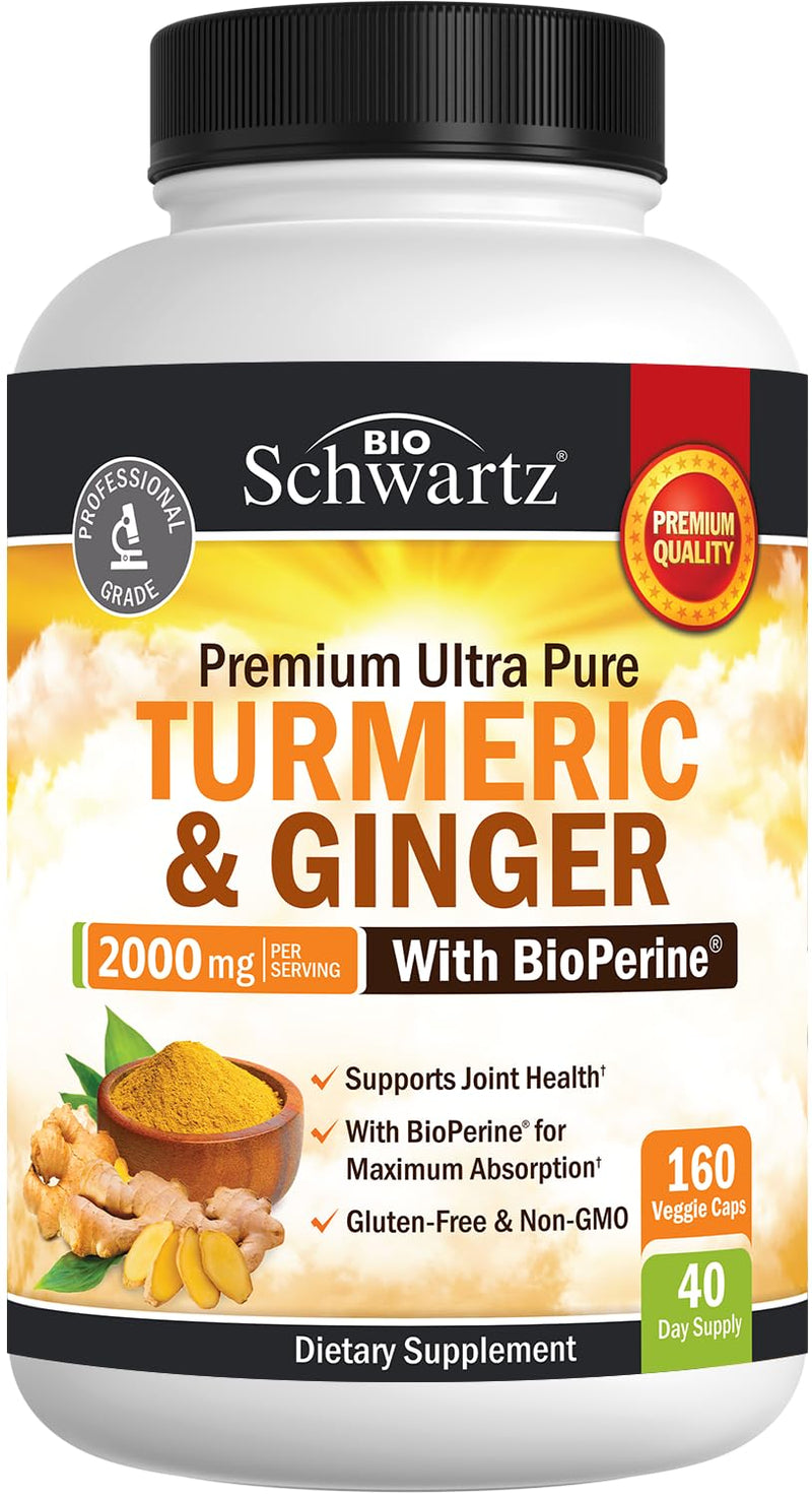 [Australia] - Turmeric Curcumin and Ginger 2000mg with BioPerine for Maximum Absorption, 95% Standardized Curcuminoids Natural Turmeric Supplement for Joint & Immune Support - Gluten-Free, No-GMO, 160 Capsules Turmeric Ginger Capsules 160 Count (Pack of 1) 