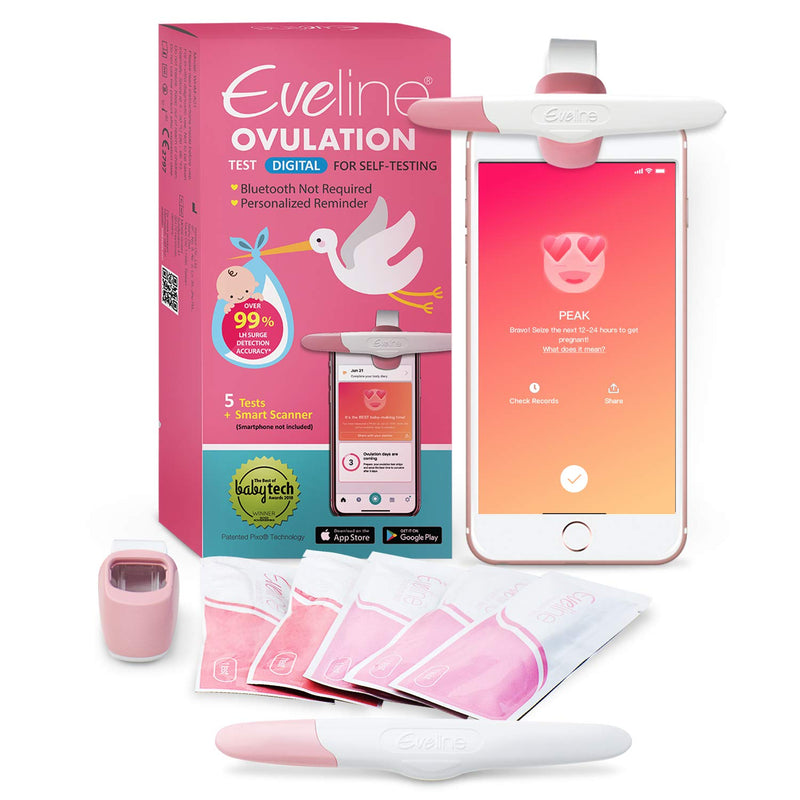 Eveline Digital Ovulation Test Predictor Kit - Easy at Home Ovulation Test Strips with Smart Scanner, Digital Results on Eveline App, 1 Cycle Supply Pregnancy Must-Haves - 99% Accuracy, 5 LH Strips 1 Count (Pack of 1)