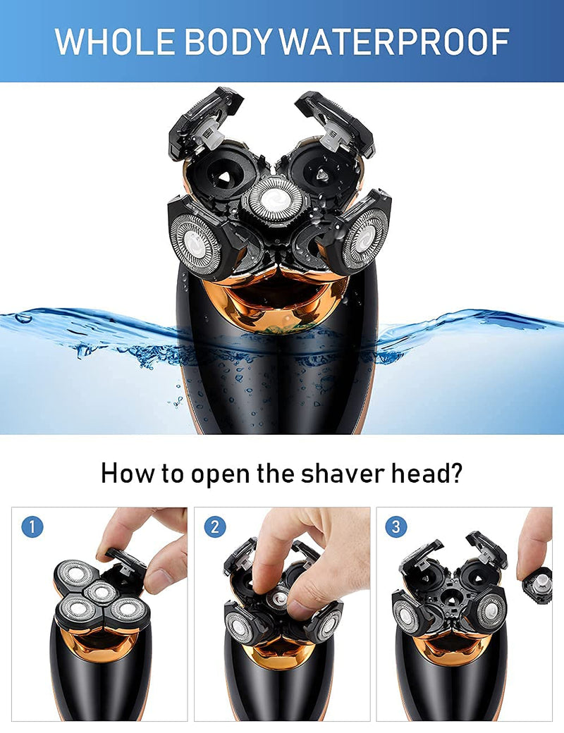 [Australia] - Electric Shavers for Men - 5 in 1 Bald Head Shavers for Men, 5D Floating Cordless USB Rechargeable Rotary Razor Multifunctional Grooming Kit Beard Trimmer Waterproof Wet and Dry with LED Display Gold 5d 