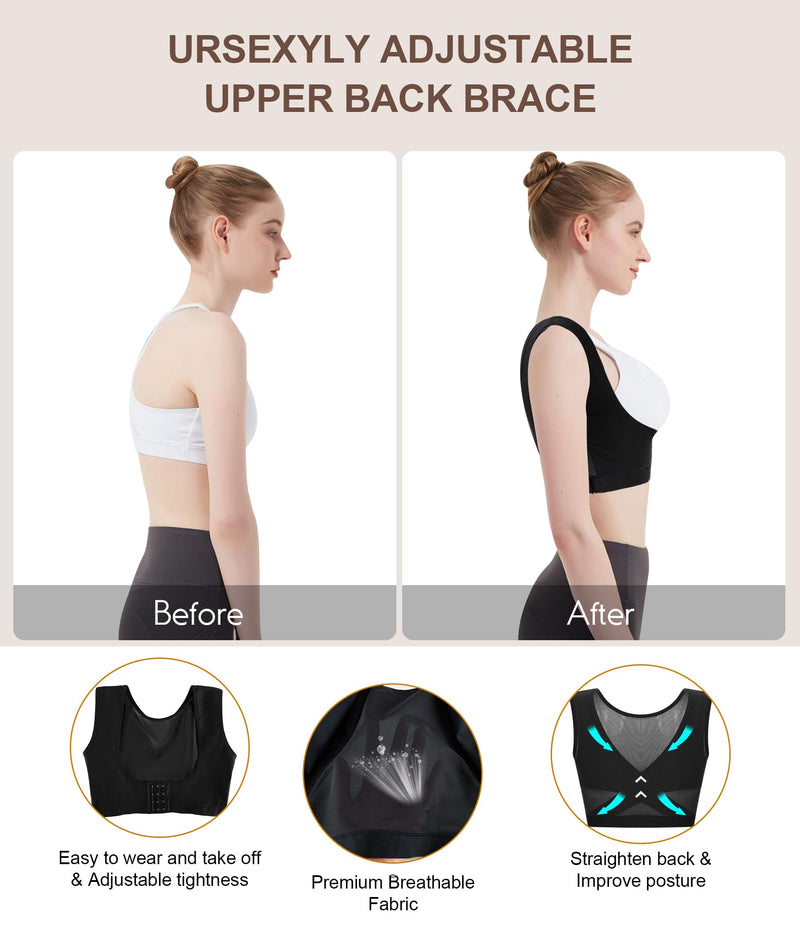 URSEXYLY Upper Back Brace for Women Breathable Posture Corrector Posture Support Back Straightener Pain Relief(Black,L) Large Black
