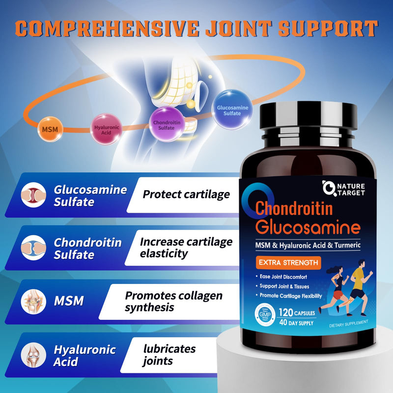[Australia] - NATURE TARGET Glucosamine Chondroitin MSM, Joint Support Supplement, Shellfish Free, Turmeric Boswellia, Hyaluronic Acid, Collagen, Calium for Cartilage and Bone Health,120 Capsules, 40 Servings 120 Count (Pack of 1) 
