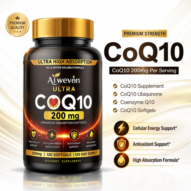 CoQ10 200mg Softgels, Coenzyme Q10 (Ubiquinone) Supplement, High Absorption Formula with Vitamin E, Antioxidant Support, Cellular Energy Support, Heart Wellness Supplement, 120 Softgels