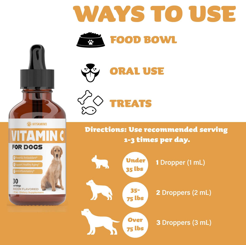 Vitamin C for Dogs | Helps with Improving Immune Health | Vitamin C for Dogs Liquid | Dog Immune Support | Dog Immune and Allergy Supplement | Dog Immune Booster | 1 oz Bacon Flavor - PawsPlanet Australia