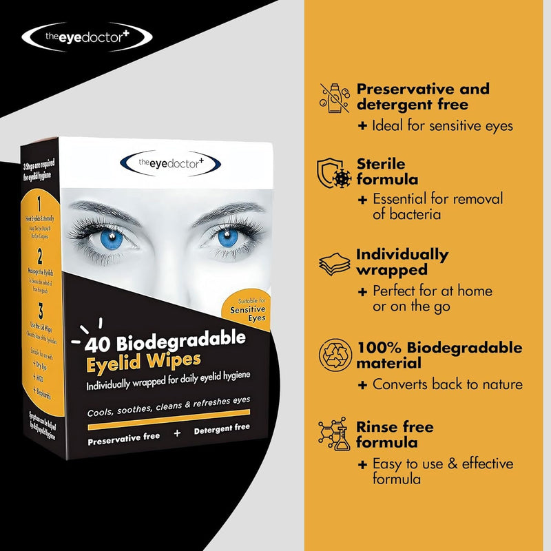 [Australia] - The Eye Doctor Biodegradable Eyelid Wipes - 40 x Single Use Eye Cleaning Wipes for Daily Lid Care - Individual Preservative Free Sensitive Eye Cleaner - Soothes Cleans and Refreshes Biodegradable Wipes 40 Count (Pack of 1) 