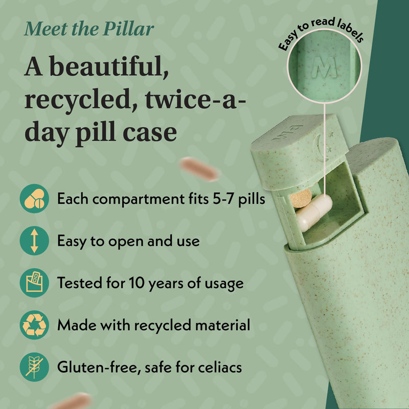 Pillar AM/PM Pill Box Organizer Two Times a Day - Aesthetic Weekly Pill Box | Perfect for daily use & travel, Day and Night trays, Sage Green, Great as a vitamin organizer or supplement organizer Pillar AM/PM - Twice a Day
