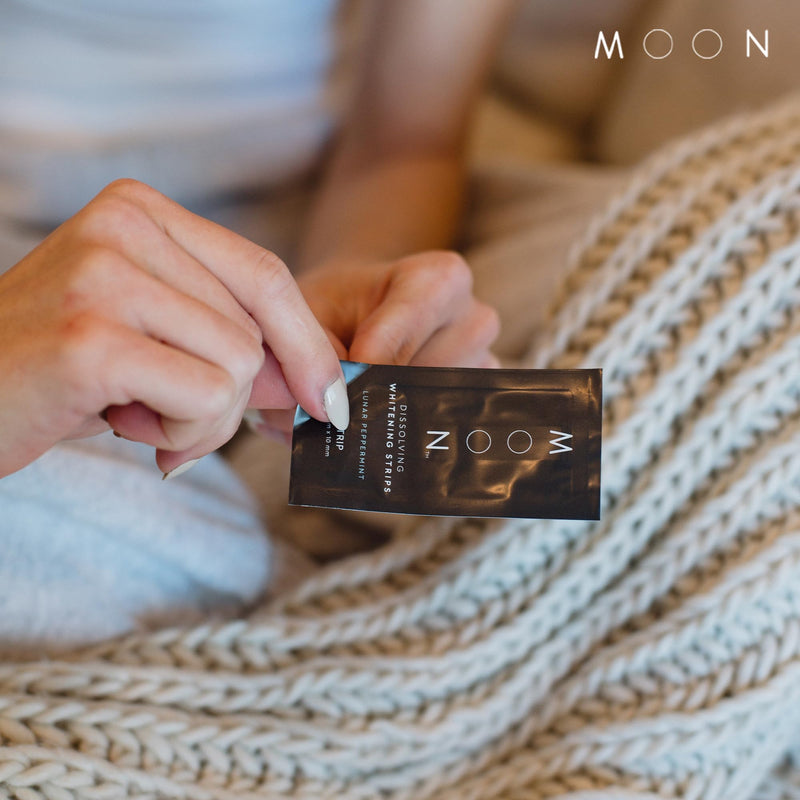 MOON Dissolving Teeth Whitening Strips, 56 No Rinse White Strips, Peppermint, Hydrogen Peroxide & Essential Oils, Whiten Sensitive Teeth up to 7 Shades in 2 Weeks, Travel Essentials, Vegan Oral Care Lunar Peppermint (28 Treatments)