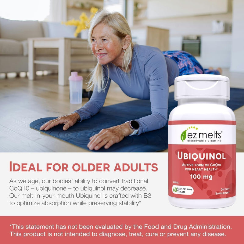 EZ Melts Ubiquinol 100 mg - CoQ10 Supplement for Heart Health & Energy Support - Antioxidant Protection - No Artificial Flavors - Non-GMO & Vegan - Apple - 120 Dissolvable Tablets (120 Servings) 60 Count (Pack of 2)