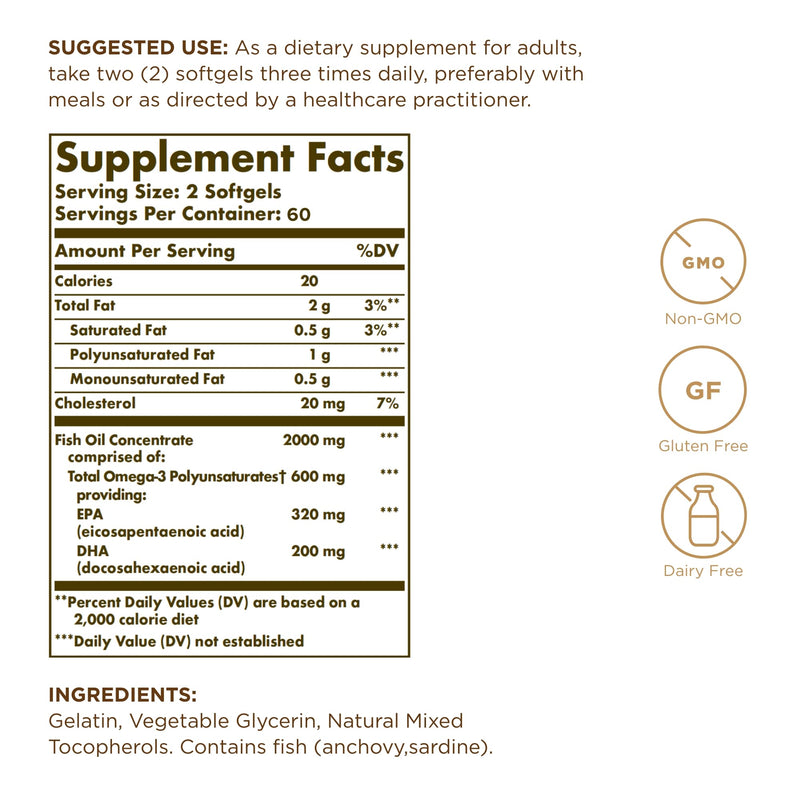 [Australia] - Solgar Omega-3 Fish Oil Concentrate - 120 Softgels - Support for Joint & Metabolic Health - Gluten Free, Non-GMO, Dairy Free - 60 Servings 
