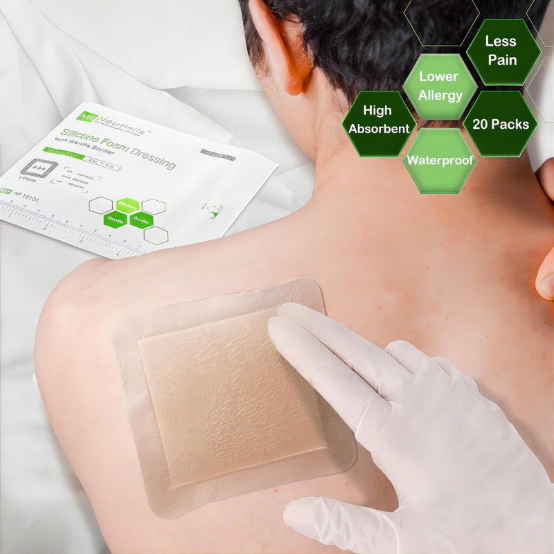 [Australia] - NeuHeils Silicone Foam Dressing with Gentle Border 4''x4'', 20 Pack for Bed Sore Leg Ulcer, High Absorbency Large Waterproof Silicone Wound Bandage 4''x4'' (20 Packs) 