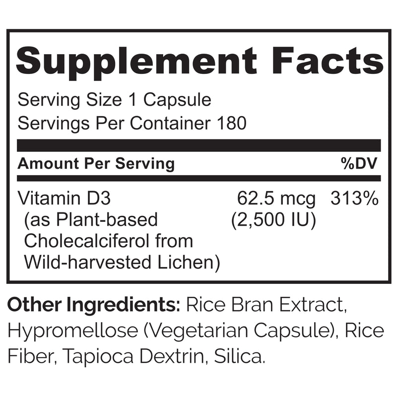 NATURELO Vitamin D3 2500 IU, Joint Support & Bone Health, 180 Count | Vegan D3 Supplement, Vitamin D Supplements for Immune System, Plant-Based Capsules, Non-GMO, Gluten Free Unflavored 180 Count (Pack of 1)
