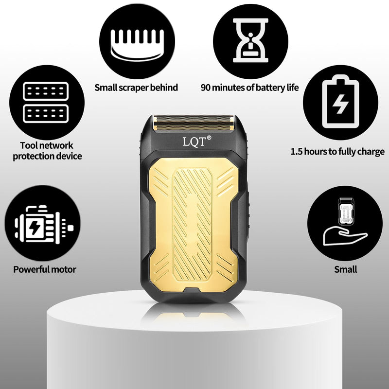 [Australia] - LQTⓇ Mini Foil Shaver, Portable Cordless Electric Shaver for Men, Equipped with a Set of Replacement Heads, USB-C Charging Cable, and Cleaning Brush, Suitable for Travel and Home use. (Golden) Golden 