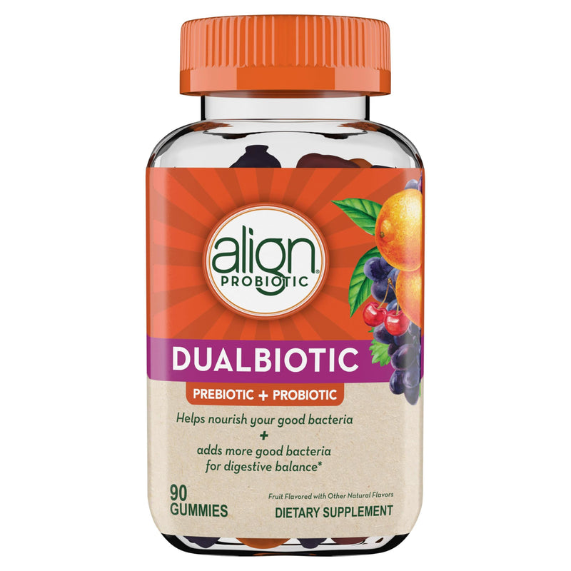 Align Dualbiotic, Prebiotics and Probiotics for Women and Men, Probiotics for Digestive Health, Prebiotics Help Nourish Good Bacteria, Natural Fruit Flavors, 90 Probiotic Gummies,(Pack of 2) 90 Count (Pack of 2)