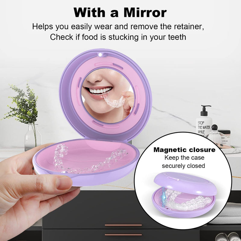 Retainer Case with Mirror and Adjustable Vent Holes, Cute Slim Aligner Case Compatible with Invisalign, Night Mouth Guard Case, Retainer Holder with Retainer Remover Tool, Chew & Brush, Purple Round: Purple