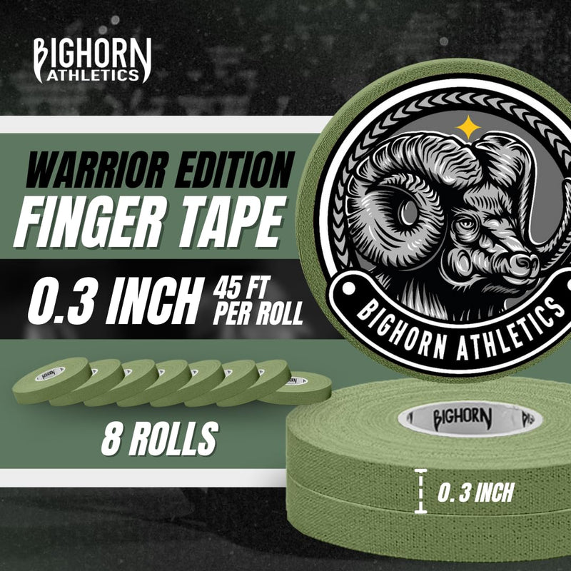 Bighorn Athletics Jiu Jitsu Finger Tape | Athletic Sports Tape for Injuries & Support: BJJ, Judo, MMA, Rock Climbing, Volleyball, Crossfit, Hands & Toes | 0.3-Inch x 45-feet, 8-Rolls, Military Green