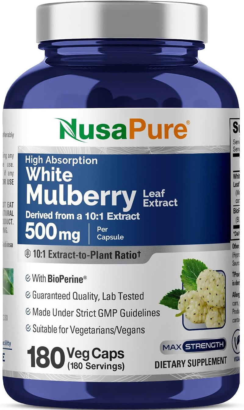 White Mulberry Leaf, Non-GMO, Vegan, 500mg, 180 Veg Capsules - 180 Servings | Botanical Formula, 10:1 Morus Alba Leaf Extract, BioPerine, Suitable for Adults, Manufactured in cGMP Registered Facility USA
