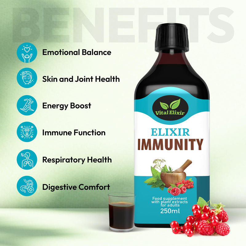 Elixir Immunity Herbal Liquid Vitamins Supplement - Black Elderberry, Vitamin C, B12, Cardamom & Calendula - Immune Support, Energy & Digestive Comfort - Vegan, Natural Fruit Flavour, 250ml