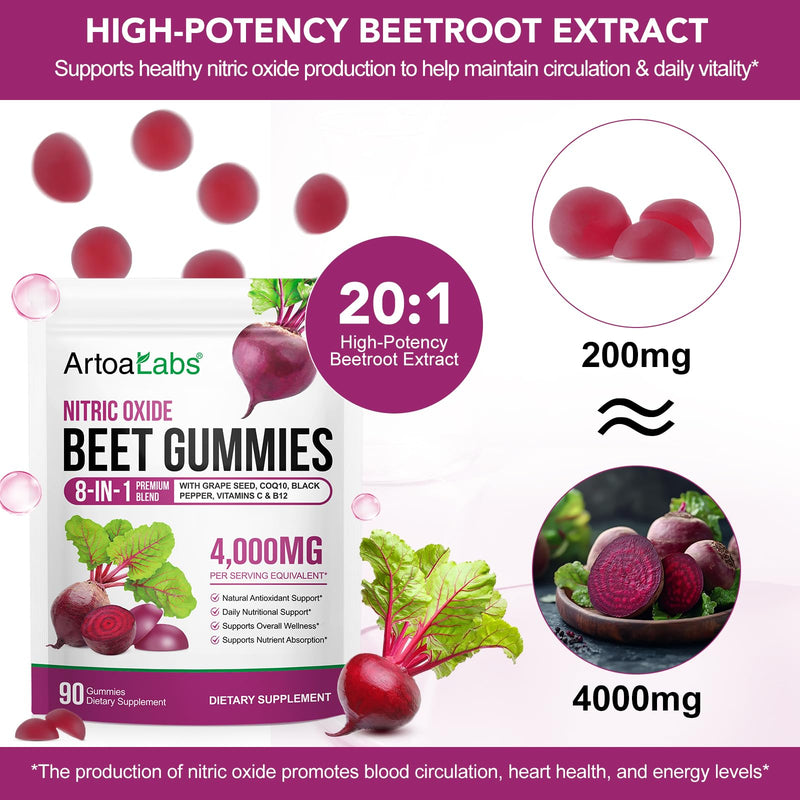 Beet Root Gummies,90 Heart Health Chews for Blood Pressure Support Supplements,Red Beets Supplements with Beetroot, Grape Seed, Coq10,B Vitamins,90 Beet Chews