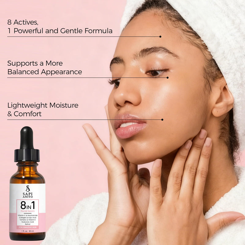 Sapi Anito 8-in-1 Sensitive Face Serum, Vitamin C, Niacinamide, Collagen, Kojic Acid, Turmeric, Vitamin E, Hyaluronic Acid & Retinol, Lightweight Hydrating Serum for Sensitive Skin, 1 fl oz (30 ml)