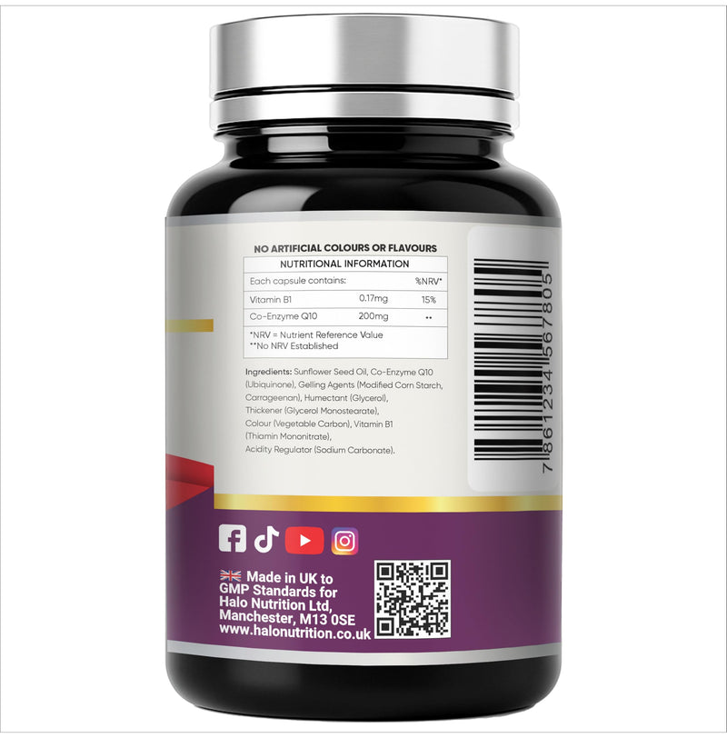 CoQ10 200mg - 120 Vegan Capsules of High Strength Co Enzyme Q10 (4 Months Supply) - 100% Pure and Naturally Fermented Ubiquinone Coenzyme - No Additives - Halal- HALO Nutrition- UK Made
