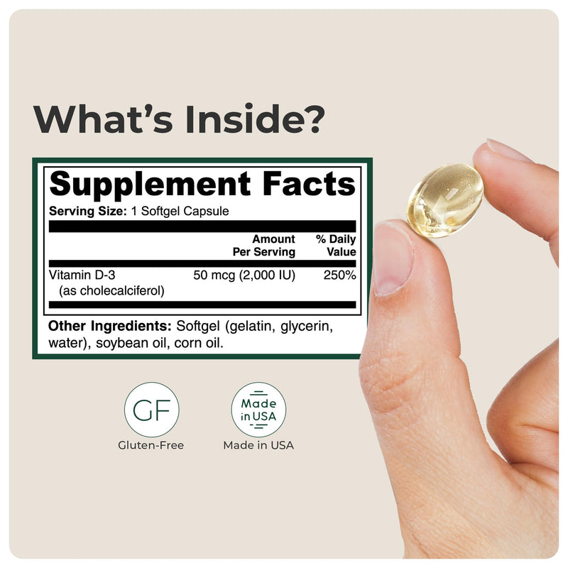 Vitamin D3 2000 IU Softgels – High Absorption Supplement for Immune Support, Bone Density & Teeth Health – Tiny, Easy to Swallow Daily Softgels – 100 Count