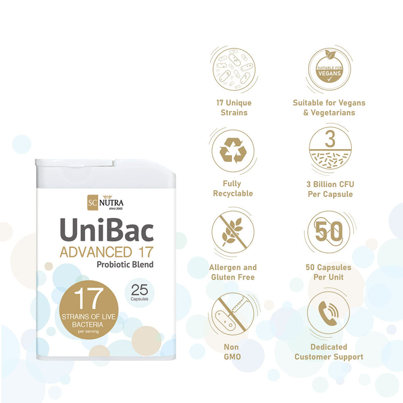 UniBac Advanced 17 – Unified Bacteria – 17 Strain Probiotic Blend – 6 Billion Live Cultures – Lactobacillus & Bifidobacterium Complex – Vegan Capsules (50 Count)